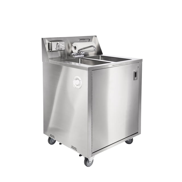 Stainless Steel Double Basin Portable Sink Hand Wash Station Sink with Hot Water. This self-contained unit features two basins, a soap dispenser, a paper towel holder, and heavy-duty casters for mobility. Made of commercial-grade 304 stainless steel, it includes a 16-gallon fresh water tank, a 21-gallon waste water tank, and a direct water connection hose. Designed for easy cleaning and durability, it provides instant hot and cold water and is suitable for locations without traditional plumbing.