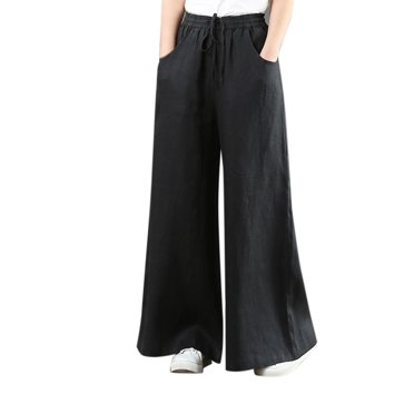 Fgnfyis Womens Pants Summer High Waisted Palazzo Wide Leg Long Trousers with Pocket Linen Black S