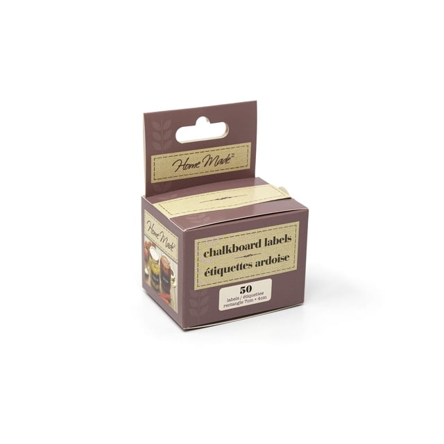 Homemande Chalkboard Canning Labels 50pk box with brown packaging and beige chalkboard label design, containing 50 self-adhesive rectangular labels measuring 7cm by 4cm, suitable for labeling jars, bottles, and lids to organize homemade preserves and pantry items, also often used for gift labeling.