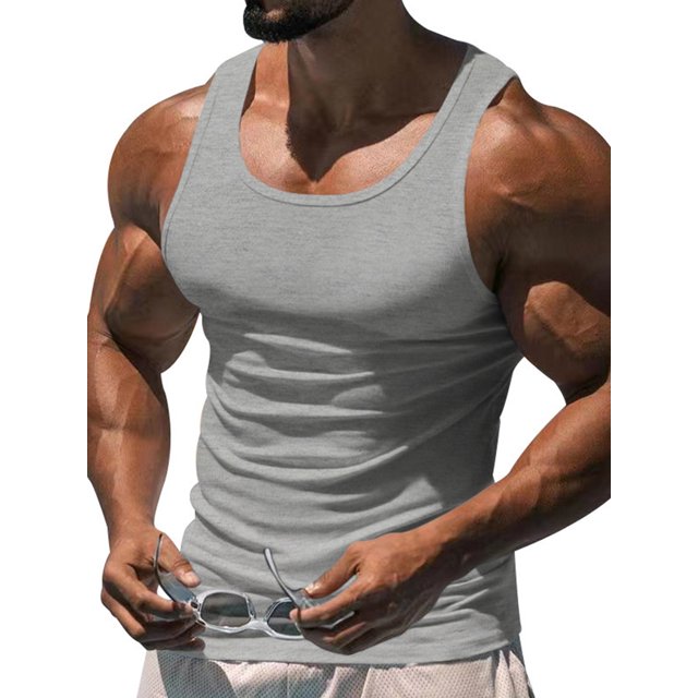 Innerwin Muscle Shirts Scoop Neck Mens Summer Tops Sport Solid Color Lightweight Tank Gray 2XL