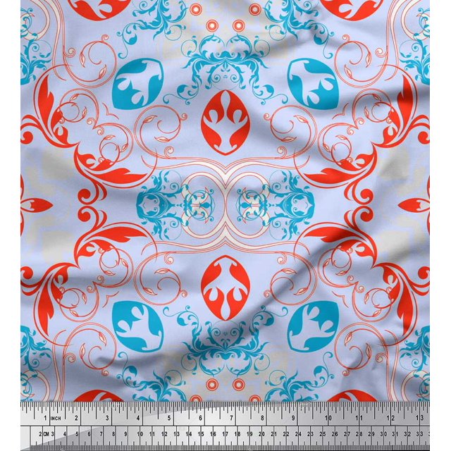 Soimoi Blue Poly Georgette Fabric Moroccan Damask Print Sewing Fabric Yard 52 Inch Wide