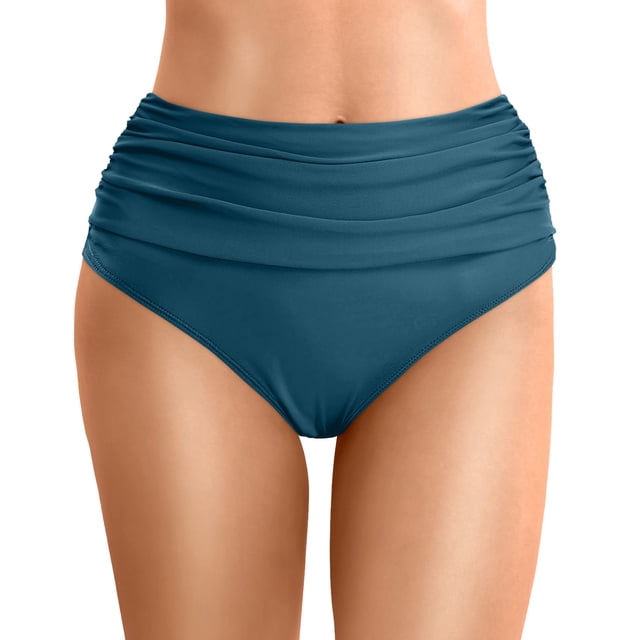FYEGRE Women's High Waisted Bikini Bottom Tummy Control Ruched Bathing Suit Swim Bottom Navy M