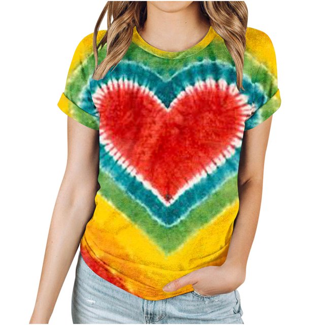 FAIWAD Tie Dye Print Tunic Tops for Womens Short Sleeve Round Neck Trendy Spring Summer Tops