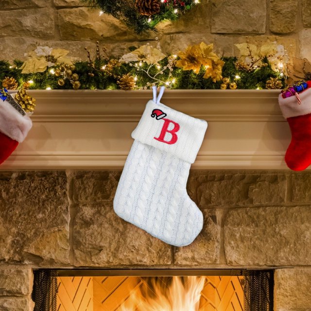 Fridja 8 Inch Mini Initial Christmas Stocking Monogram Embroidered Christmas Stocking White Knitted Small Christmas Stocking Decorations for Fireplace Mantle Christmas Wall