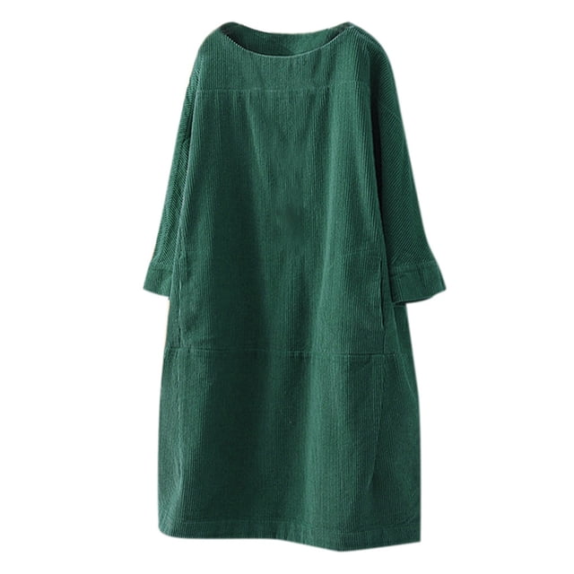 Robe Décontractée pour Femmes Grande Taille à Col Rond, Manches Longues, en Velours Côtelé, Unie, avec Poches