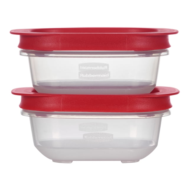 Rubbermaid 0.77-Cup EasyStore Rectangle Food Storage Containers with Lids, 2 Pack, showing two clear rectangular meal prep containers stacked with red SecureGrip lids designed for easy stacking and efficient kitchen organization and food storage.