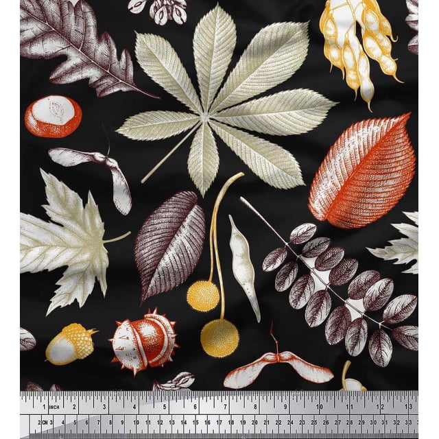 Soimoi Poly Georgette Fabric Berries,Oak Chestnut Leaves Printed Fabric 1 Yard 42 Inch Wide