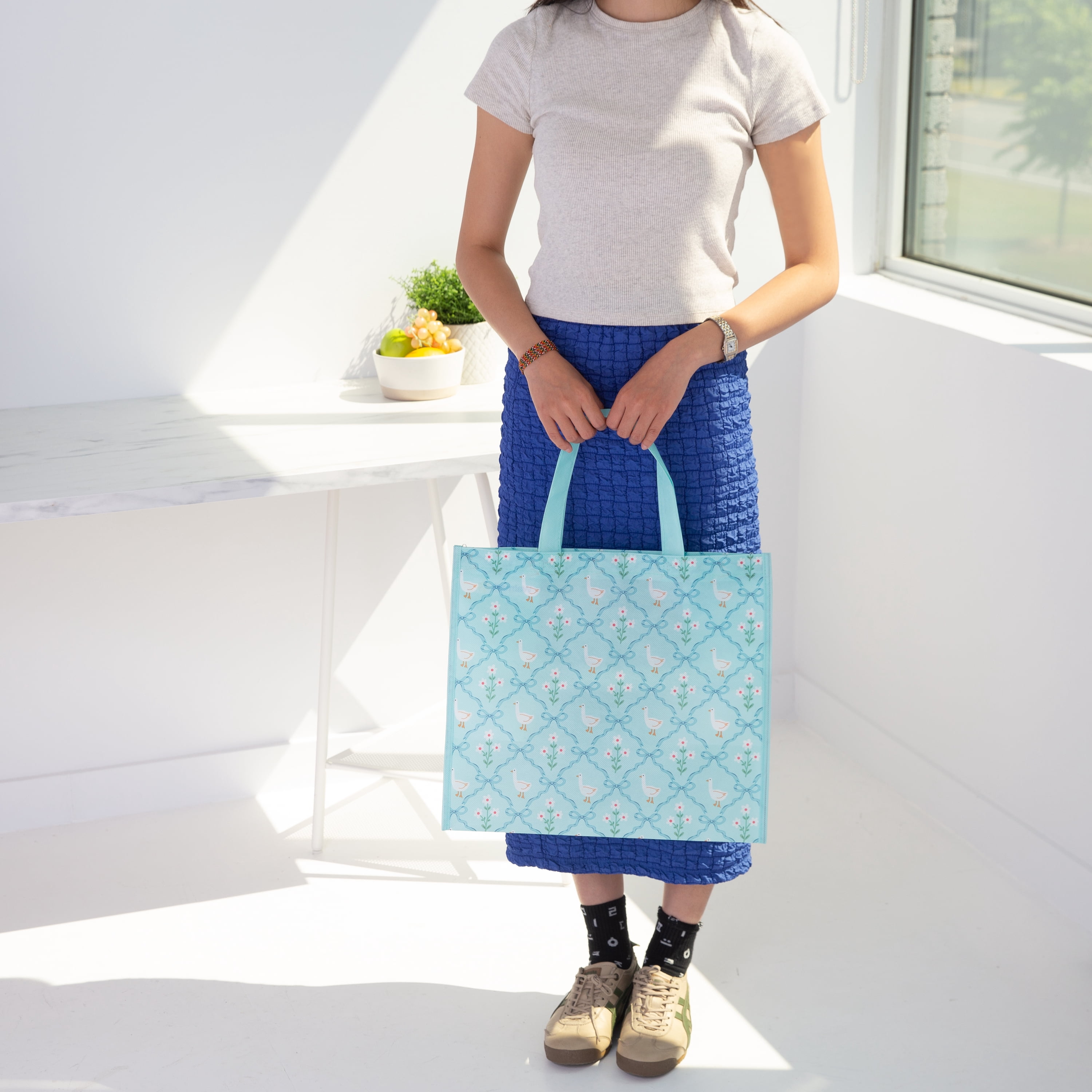 Sac De Courses Réutilisable Sur Le Thème Du Printemps Avec Porte-Bouteille – Sac À Provisions Avec Poignées Réutilisable, Sac d’épicerie Multifonction