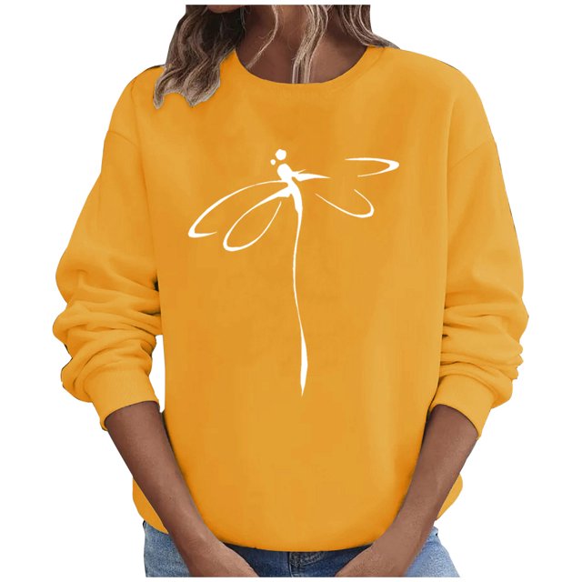 Penkiiy Blouses pour Femmes Hauts pour Femmes Automne Manches Longues Chandail Ample à Enfiler Chemise Décontractée Dames Imprimé Poitrine Chandails à Col Rond Jaune Vêtements Y2K