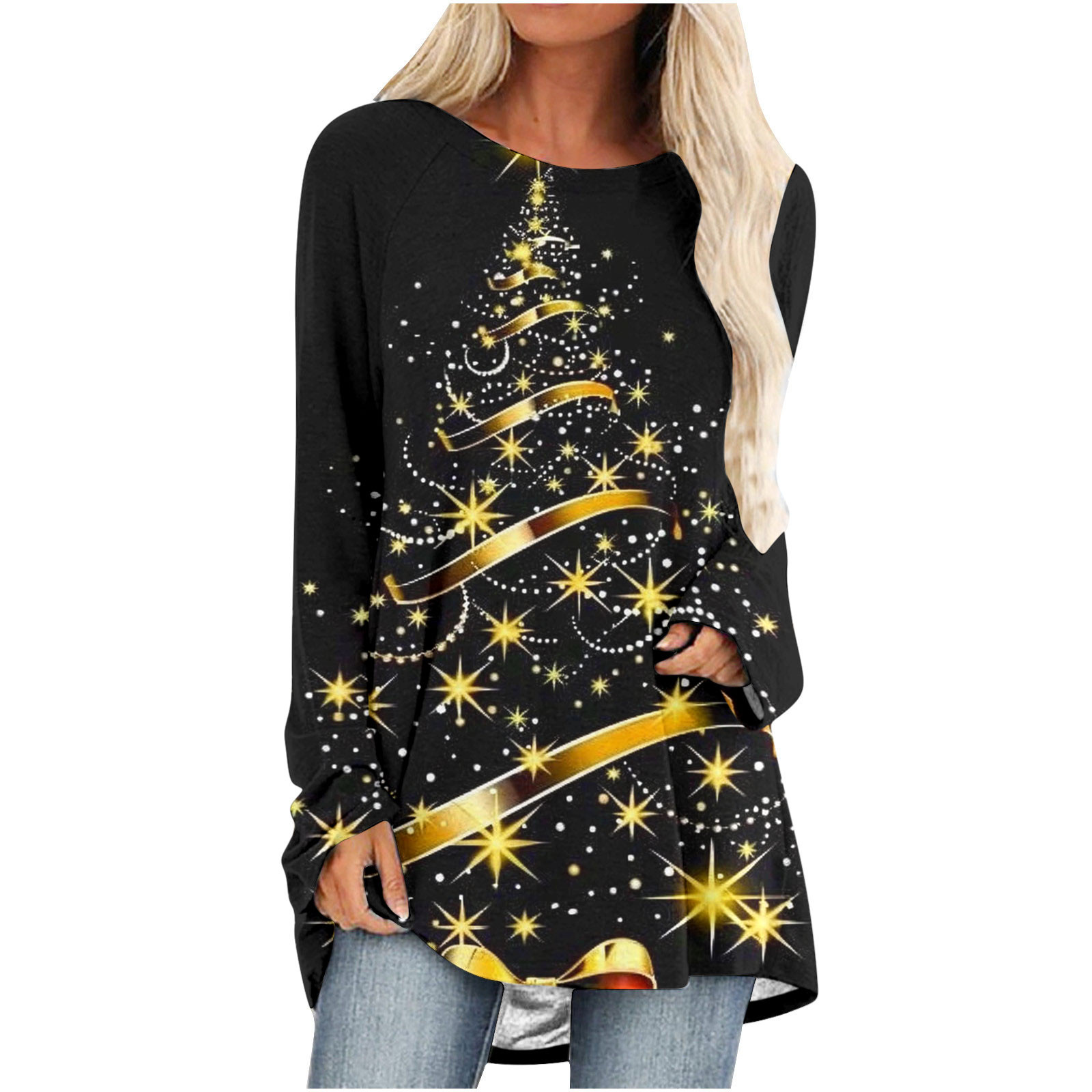 Pisexur Hauts de Noël pour Femmes Manches Longues Imprimé Vacances T-Shirt Mode Col Rond Chandail Décontracté Ample Automne Sortie