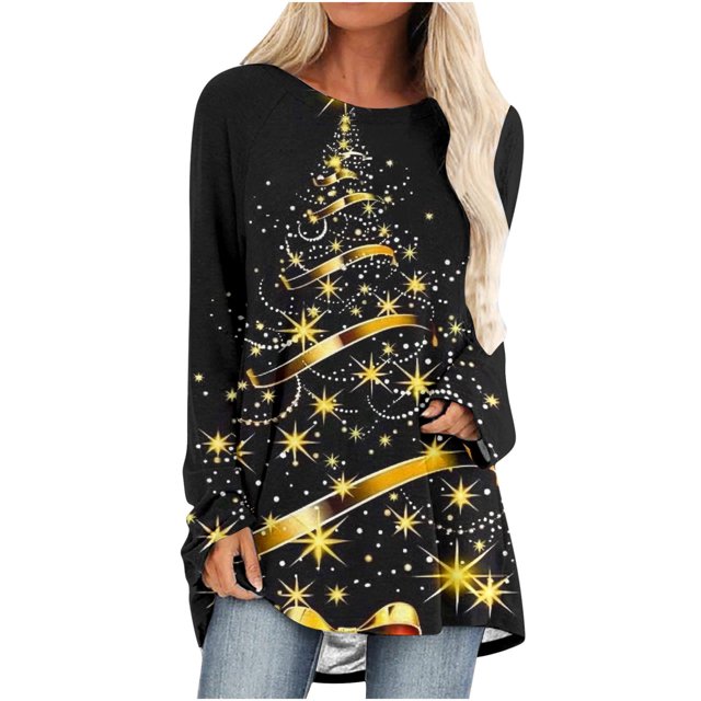 Pisexur Hauts de Noël pour Femmes Manches Longues Imprimé Vacances T-Shirt Mode Col Rond Chandail Décontracté Ample Automne Sortie