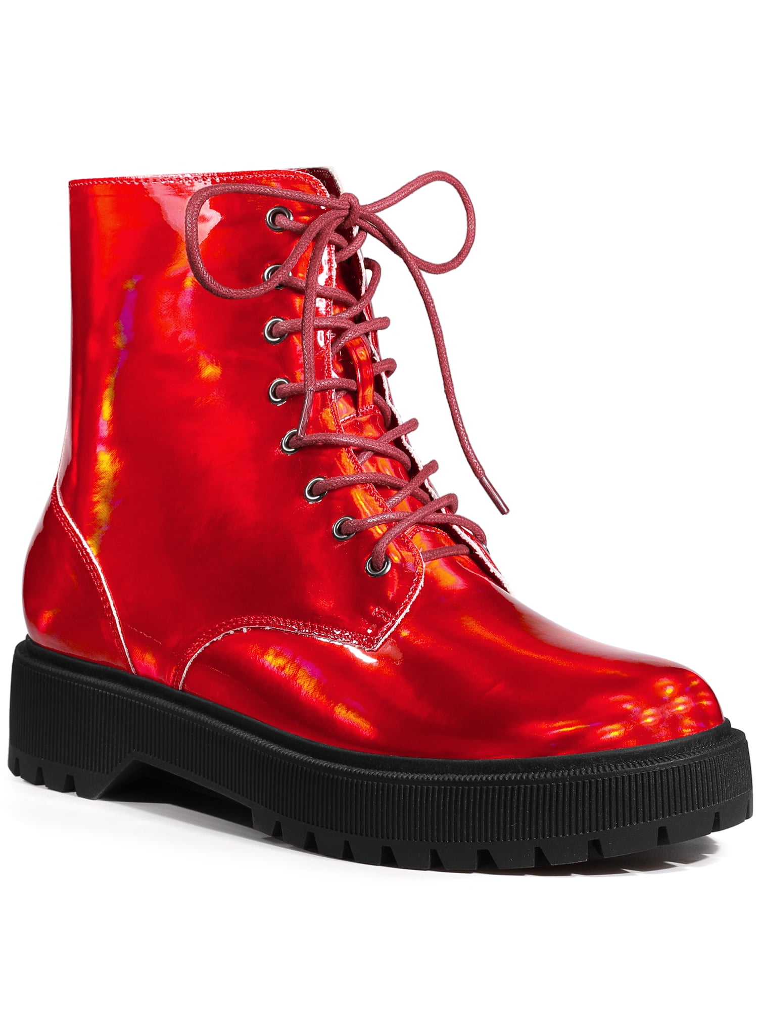Unique Bargains Women's Round Toe Platform Lace Up Colorful Combat Ankle Boots Red (Size 10)