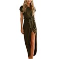 thumbnail image 1 of Pompotops Women's Solid Color Casual Short-Sleeved Lace-Up O-Neck Slit Irregular Dress, 1 of 5