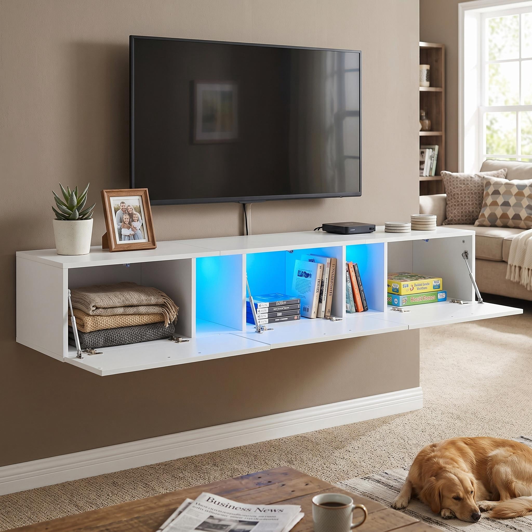Homy Casa 65" Wall Mounted TV Stand, Floating Media Console with LED Lights, Push Open Doors, White