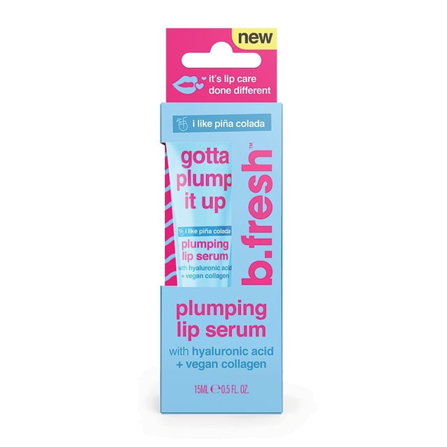 b.fresh Gotta plump it up Sérum pour les Lèvres 15 ml en tube Bleu Pâle avec Texte Rose, Contenant de l'Acide Hyaluronique et du Collagène Végétalien pour Repulper, Emballé dans une Boîte Bleue Assortie avec Marque Rose et en-Tête Rose Indiquant « it's lip care done different » et « i like piña colada » Parfum