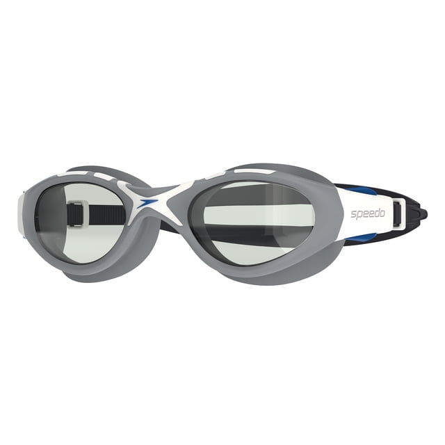 Speedo Navagio Junior Swim Goggle top view featuring a white uni-body frame with black and blue toggle adjust split strap and Speedo logo, designed for comfort, wide field of vision, and easy fit adjustment during swimming.