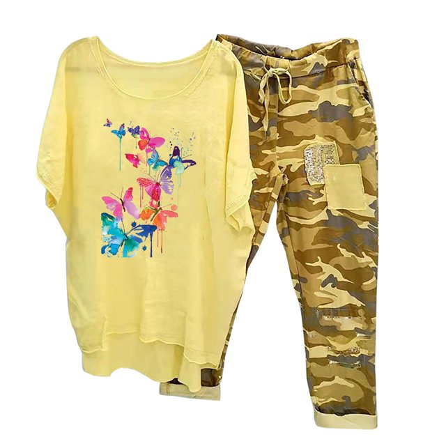 Ensembles pour Femmes Vêtements d'Été Ensemble Imprimé Col Rond Manches Mi-Longues Pull + Pantalon Ensemble Assorti pour Femmes en Solde
