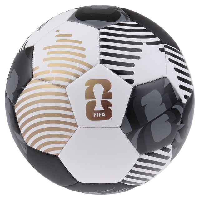 FIFA World Cup 26™ Metallic Tournament Thermobonded Soccer Ball size 5 with seamless thermobonded black, white, and gold metallic panels. It features the gold FIFA logo on a white pentagon panel and modern striped and abstract patterns inspired by the tournament, suitable for recreational play or display.