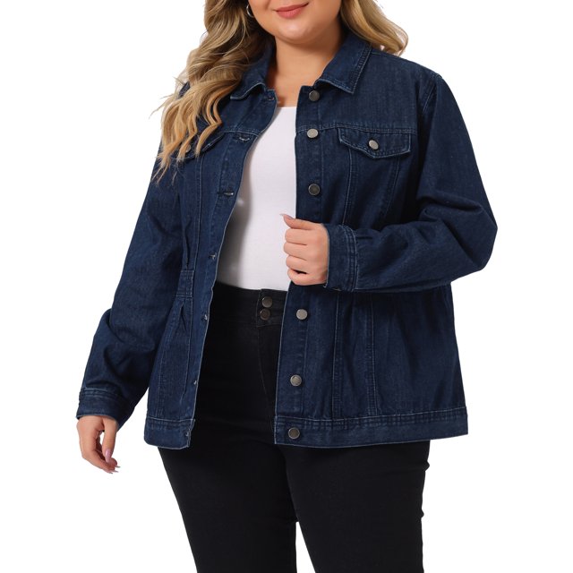 Agnes Orinda Women's Plus Size Fashion Outerwear Long Sleeve Button Denim Jacket 2X Black Blue