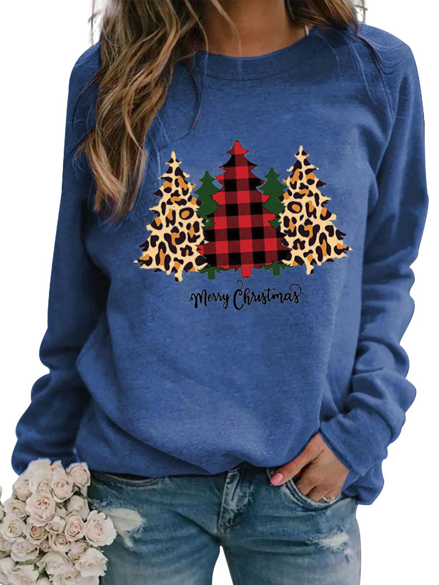 Christmas Tree Crew Neck Sweatshirt Pullover For Women Ladies Xmas Holiday Sweater T Shirt Top Winter Fall Spring