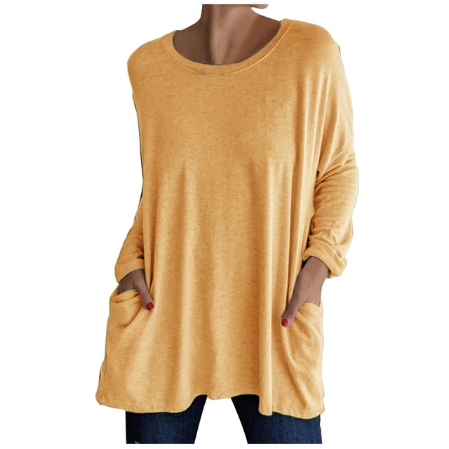 KIHOUT Spring Winter Womens Tops New Round Neck Long Sleeve Loose Pocket Solid Color Casual Top
