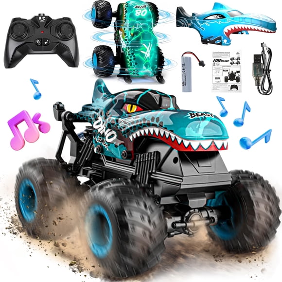 BEZGAR Monster Truck Toys - Remote Control Monster Trucks with Light & Music, Dinosaur Toys for Kids, 1:20 Scale RC Truck with 360° Spins and Dri