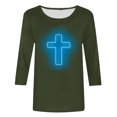 thumbnail image 4 of RKSTN Hauts pour Femmes Mode Décontractée Imprimé Crucifix Col Rond Manches 3/4 T-Shirt Couleur Unie Ajusté Blouse Printemps Été, 4 of 4