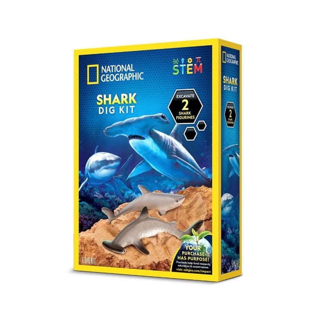 National Geographic Coffret de Kit de Creusage de Requins Présentant des figurines de Requin-Marteau et de Grand Requin Blanc Partiellement Excavées à Partir de 8 oz de Pâte de Creusage Brune, Conçu pour l'Exploration STIM et Géologique Éducative dans des Jouets Scientifiques.