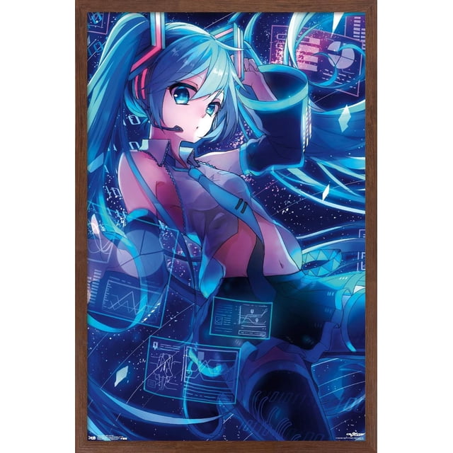 Hatsune Miku - Screens Wall Poster, 22.375" x 34" featuring a front-facing anime illustration of Hatsune Miku with long turquoise twin tails, sleeveless top, tie, and arm sleeves, surrounded by translucent digital screens and data graphics on a dark blue futuristic background, printed on glossy paper by Trends International, suitable for bedroom or office wall decor.