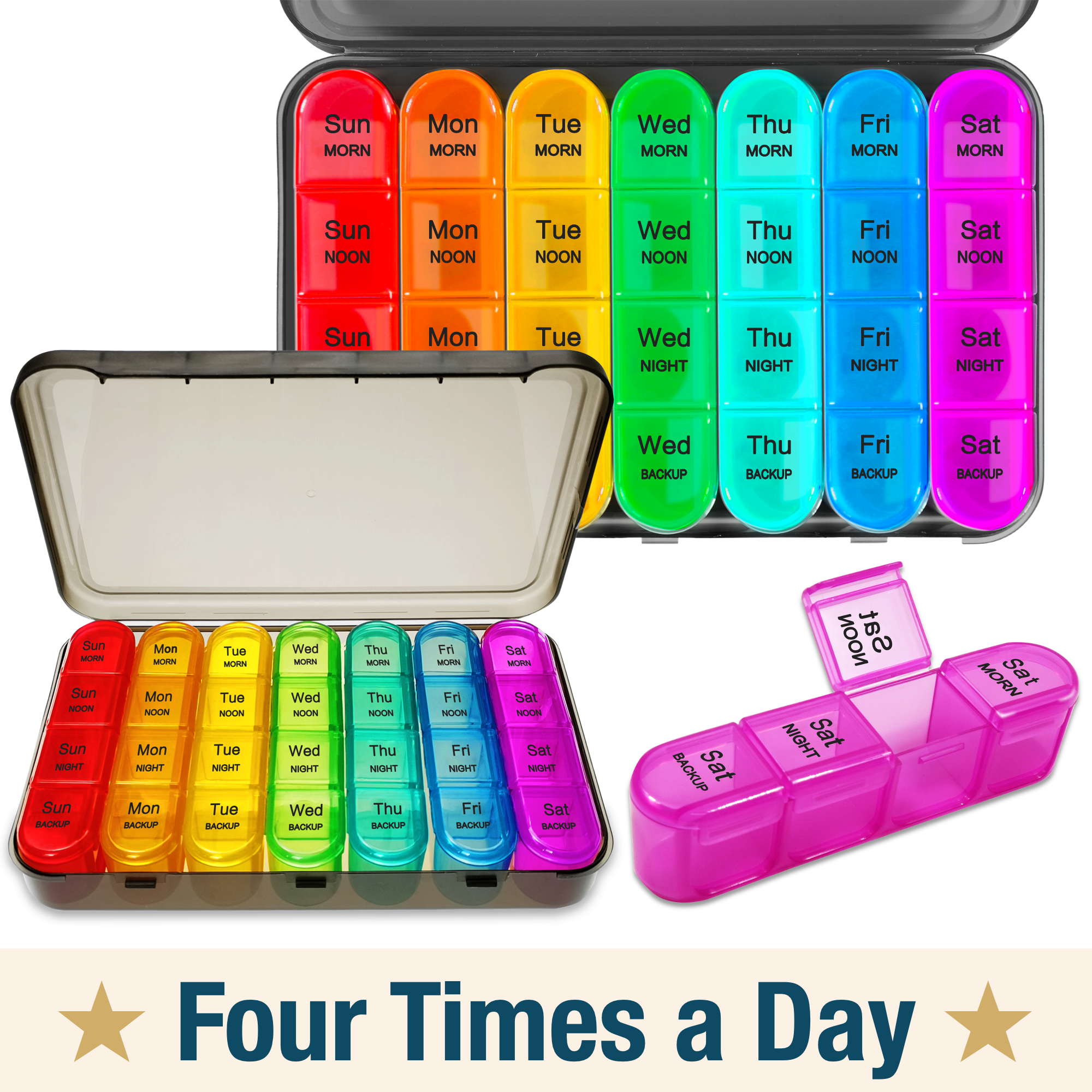 ComfiTime Pill Organizer – Weekly Medicine Organizer, 4 Times a Day, Travel Pill Box with AM/PM Daily Pill Containers, 7 Day Pill Case Holder for Medication & Vitamin Supplement, Pill Dispenser/Sorter