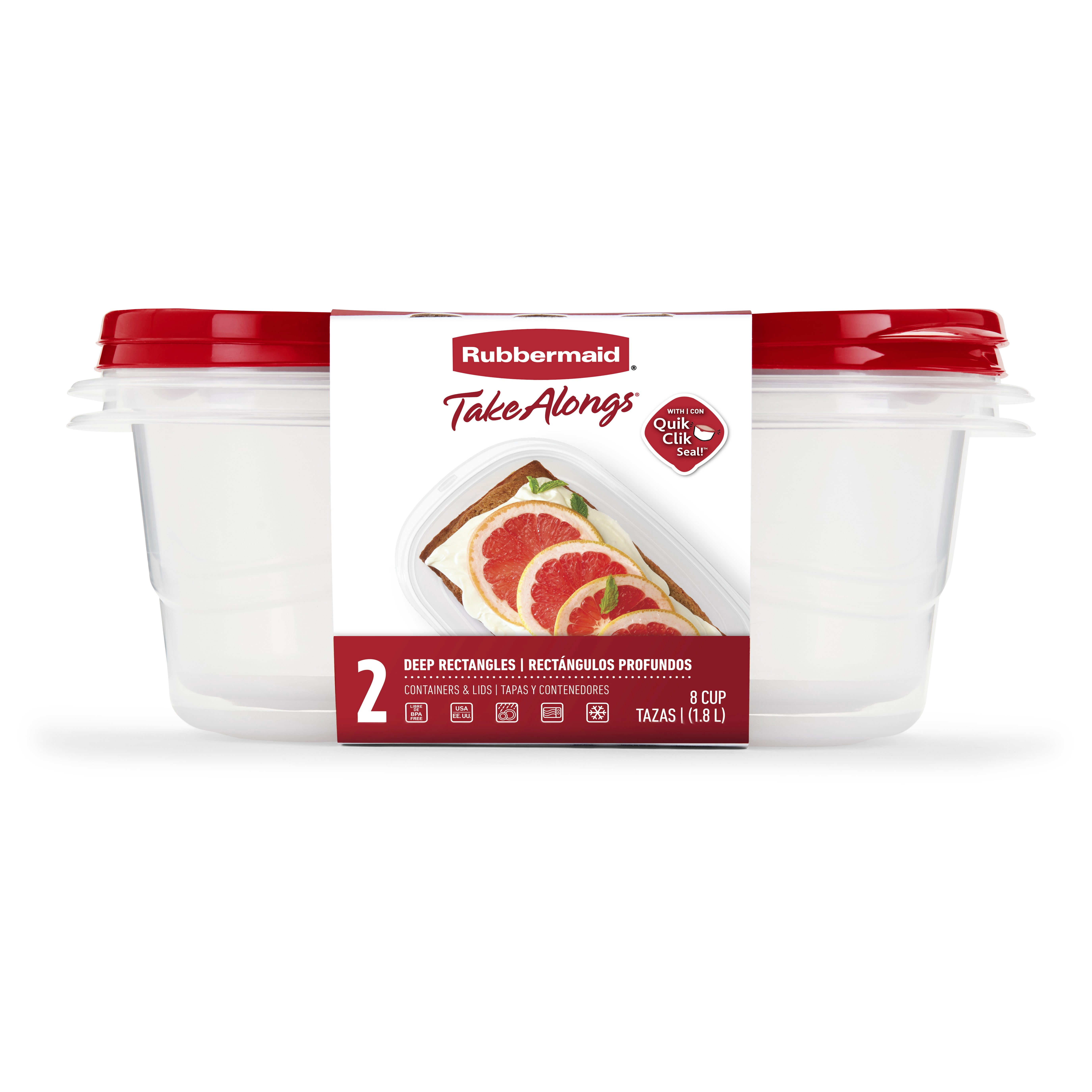 Contenants rectangulaires pour la conservation des aliments Rubbermaid TakeAlongs à emporter, couvercles rouge rubis, 1.8 L (8 tasses), paquet de 2