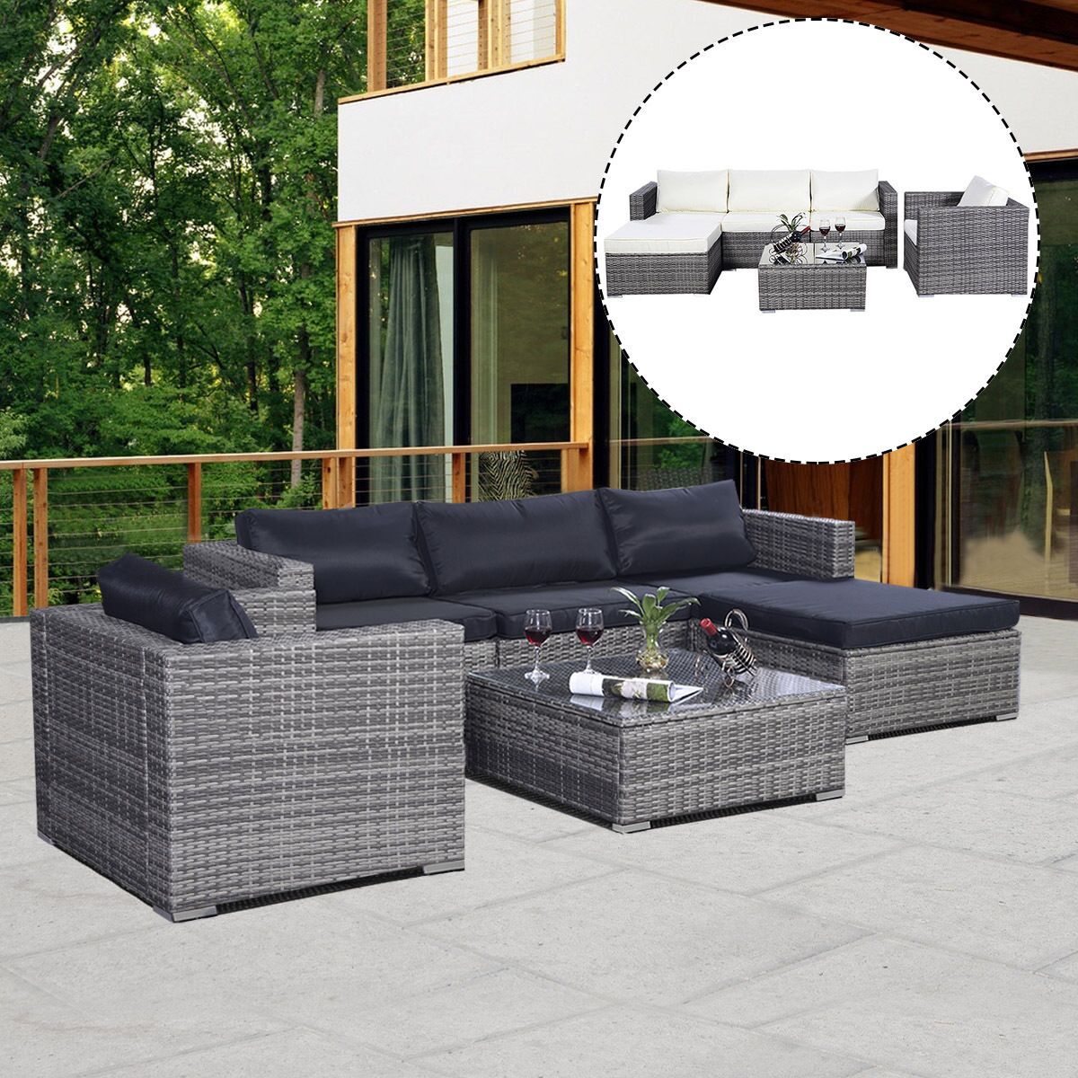 Costway Ensemble de Meubles de Patio en Rotin 6 Pcs avec Housses de Coussin Gris