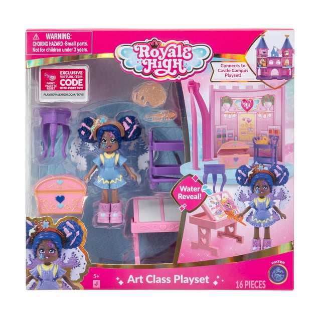 Royale High Art Class Playset featuring a doll with blue and pink puffed hair in a blue dress with yellow trim and pink boots, a pink art table with a water reveal painting surface, a purple chair, a pink treasure chest, and art accessories, designed to connect with the Castle Campus Playset, shown in branded packaging.
