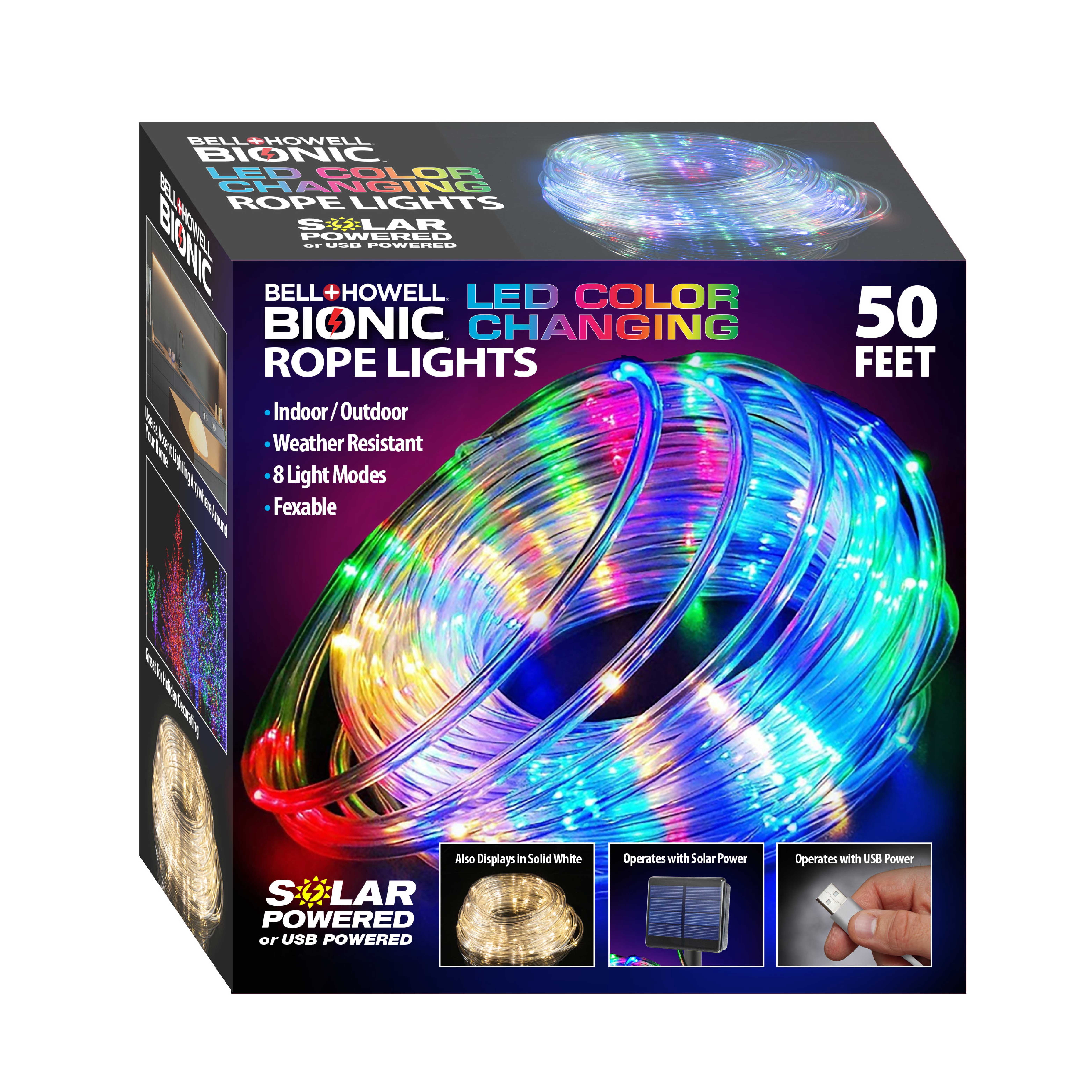 Bell + Howell Bionic 50 Pi. Guirlande Lumineuse à Énergie Solaire et USB Changeant de Couleur