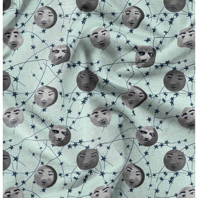 Soimoi Silk Fabric Moon & Stars Galaxy Decor Fabric Printed Yard 42 Inch Wide