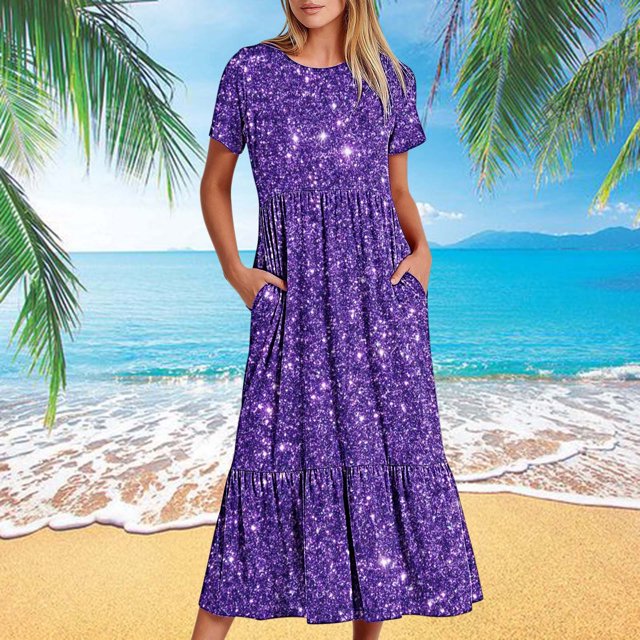 Jusqu'à 65 % de Rabais! Robes d'Été Mode pour Femmes 2024 Grande Taille Décontractées à Manches Courtes Col Ras du Cou Robe Décontractée Fluide à Étages Maxi Robe de Plage avec Poches Robe à Imprimé Brillant