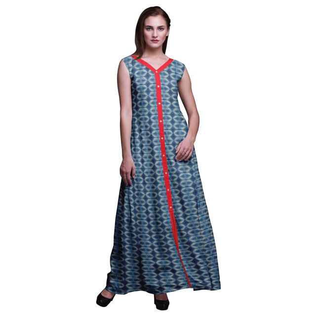 Bimba Robe Anarkali à Col Mandarin Imprimée Shibori Indigo Blue2 pour Femme, Kurta Ethnique Indienne, Moyen