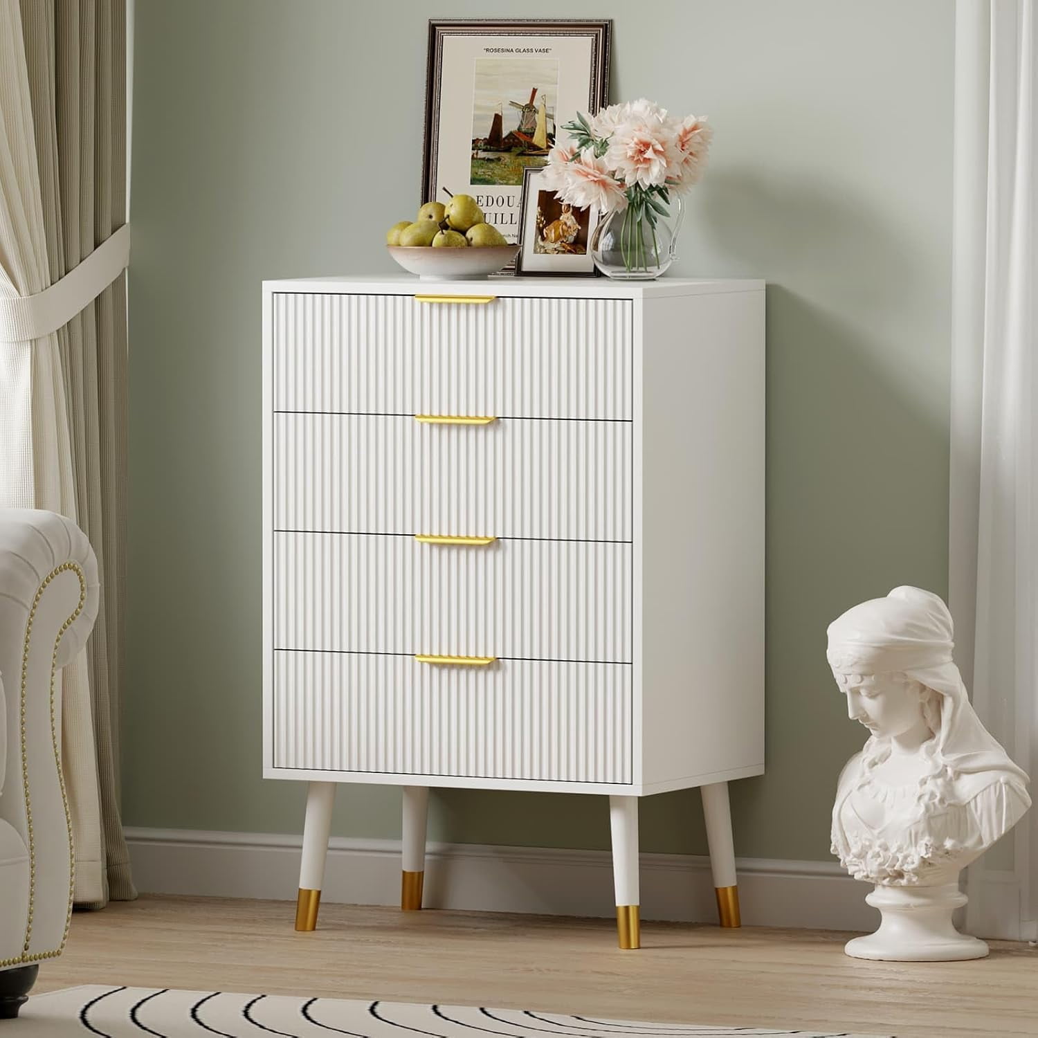 Fluted 4 Drawer Dresser Tall Dressers with Gold Metal Handles Small Dresser Storage Chest Cabinet Organizer Wood Chest of Drawers for Bedroom,Living Room,Hallway,Entryway - White