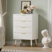 Fluted 4 Drawer Dresser Tall Dressers with Gold Metal Handles Small Dresser Storage Chest Cabinet Organizer Wood Chest of Drawers for Bedroom,Living Room,Hallway,Entryway - White