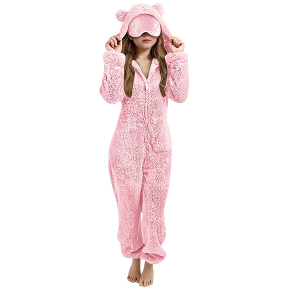 VINUSLI Fuzzy Girls Pajamas Combinaison Sherpa Mignonne à Capuche avec Oreilles et Fermeture Éclair avec Masque pour les Yeux en Molleton à Manches Longues Tenue de Détente une Pièce Rose, 9 Ans