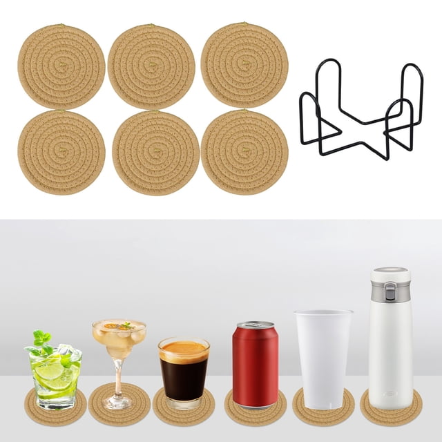EGNMCR Napperons Ronds Tissés Antidérapants Anti-Brûlure en Gaze de Coton Style Occidental pour Restaurant, Tapis Isolants pour Table, Dessous de Verre et Tapis de Bol pour la Maison, 6 Pcs avec Support de Rangement, Napperon en Corde de Coton