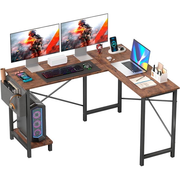 FDW 50 Inch L-Shaped Desk, Gaming, Side Storage Bag & CPU Stand, Corner for Home Office, Bedroom, Writing & Gaming, Brown