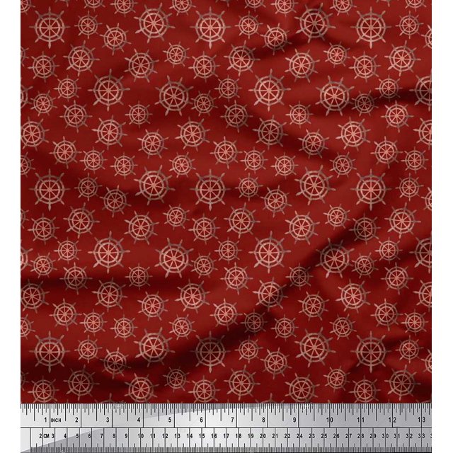 Soimoi Voile de Coton Rouge Tissu Imprimé Nautique Roue de Navire au Mètre 56 Pouces de Large