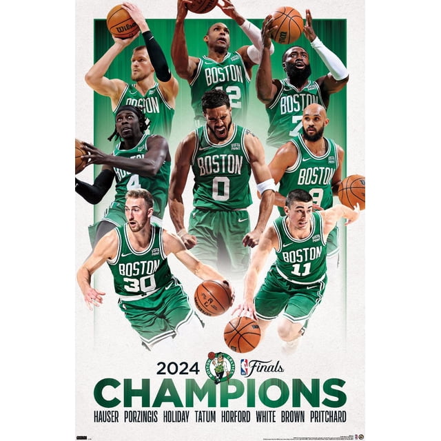 NBA Celtics de Boston - Affiche Murale des Finales NBA 2024, 22,375 Pouces x 34 Pouces Encadrée, Mettant en Vedette Huit Joueurs en Vert, Chandails Celtics de Boston Numérotés 12, 7, 4, 0, 9, 30 et 11 en poses d'Action de basketball avec Ballons de basketball, sur Fond Dégradé Vert au-Dessus du Texte Audacieux « 2024 Champions » avec Noms de Joueurs Hauser, Porzingis, Holiday