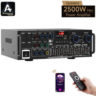 2500W Peak 2.1-Channel HiFi Power Amplifier – Bluetooth 5.4, Karaoke with 4 Mic Inputs, FM Radio, USB/SD, 5-Band EQ Mixer, Remote Control, DC 12V/AC 110V for Home & Car, Black
