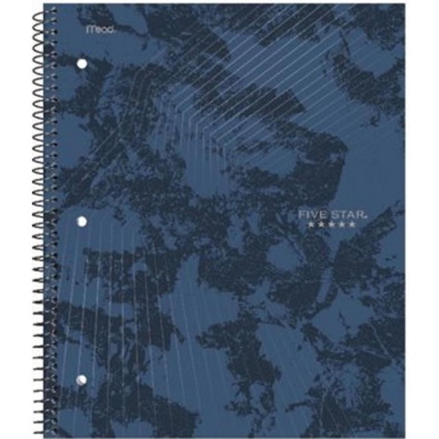 Five Star Graphics 1 Subject Notebook with a blue and black abstract patterned plastic front cover, spiral Lock wire binding, and three punched holes for binder compatibility, suitable for school and office note-taking.