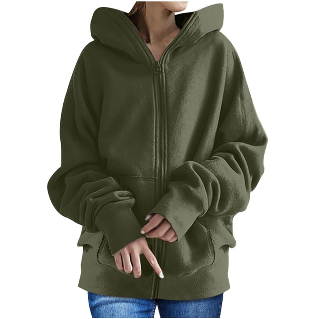 Pompotops Women's Solid Color Hoodie Zipper Long Sleeve Sweatshirts Long Coat Tops With Pockets Clearance