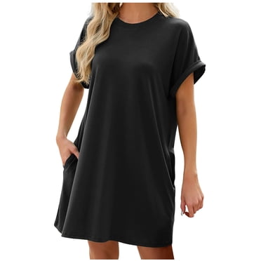 Pisexur Robe Décontractée en Coton pour Femme, Robe T-Shirt Unie à Manches Courtes, Col Rond, Coupe Droite, Courte, avec Poches