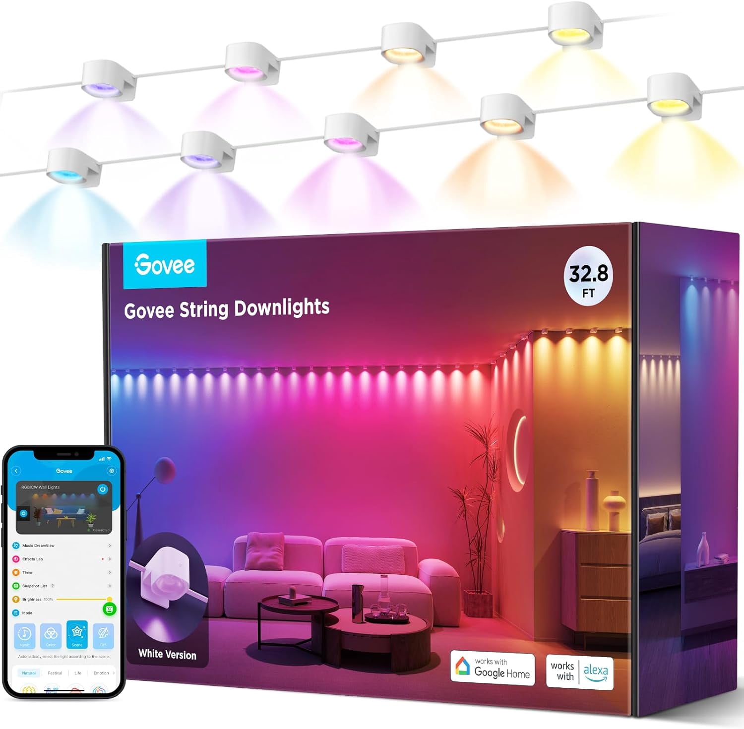 Govee Plafonniers Intérieurs RVBIC, Lumières DEL Intelligentes Compatibles avec Alexa, 32,8 Pi avec 50 DEL, Synchronisation Musicale, Blanc