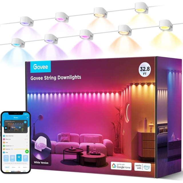 Govee Plafonniers Intérieurs RVBIC, Lumières DEL Intelligentes Compatibles avec Alexa, 32,8 Pi avec 50 DEL, Synchronisation Musicale, Blanc